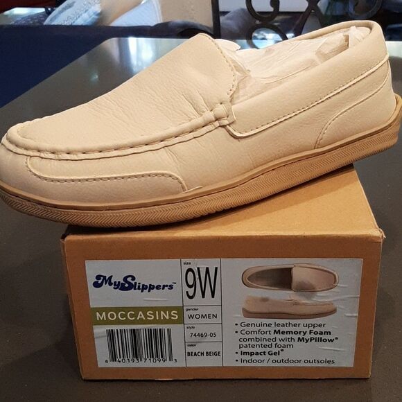 My Slippers Leather Beige Memory Foam Moccasins - Picture 1 of 9